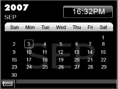 105 x 148,5 mm 28.10.2009 08:44 DE Menü Kalender Ihr Multimediaplayer verfügt über eine eingebaute Uhr mit Kalenderfunktion. Schalten Sie den Multimediaplayer ein. Das Hauptmenü erscheint.