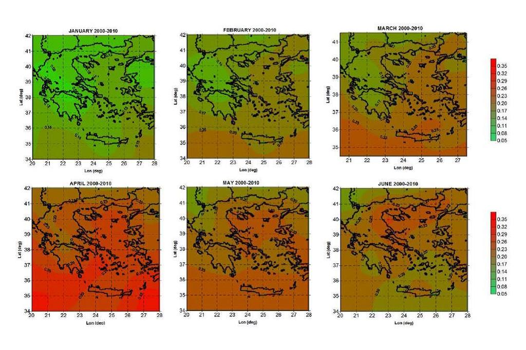 Σχήμα 3.2 : Μέσες μηνιαίες τιμές του οπτικού βάθους των αιωρούμενων σωματιδίων από το όργανο MODIS πάνω από τον Ελλαδικό χώρο για το χρονικό διάστημα 2000-2010.