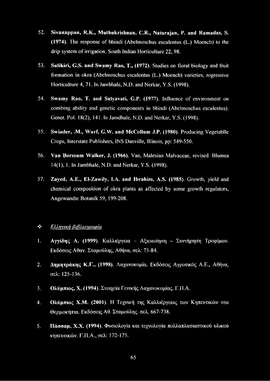 Studies on floral biology and fruit formation in okra (Abelmoschus esculentus (L.) Moench) varieties, rogressive Horticulture 4, 71. In Jambhale, N.D. and Nerkar, Y.S. (1998). 54. S w a m y R a o, T.