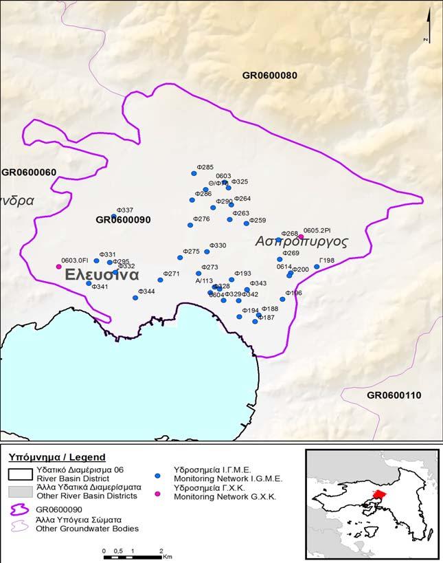 Σχ.8-33 : Χάρτης σηµείων παρακολούθησης ΥΥΣ GR0600090 Υπολογισµός µέσης τιµής συγκέντρωσης ανά θέση και σύγκριση µε ΑΑΤ: Σύµφωνα µε τα διαθέσιµα στοιχεία και τη µεθοδολογία που εφαρµόστηκε