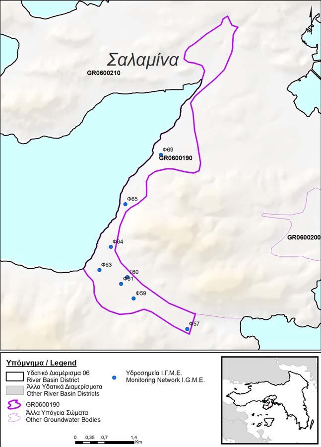 Σχ.8-69 : Χάρτης σηµείων παρακολούθησης ΥΥΣ GR0600190 Υπολογισµός µέσης τιµής συγκέντρωσης ανά θέση και σύγκριση µε ΑΑΤ: Σύµφωνα µε τα διαθέσιµα στοιχεία και τη µεθοδολογία που