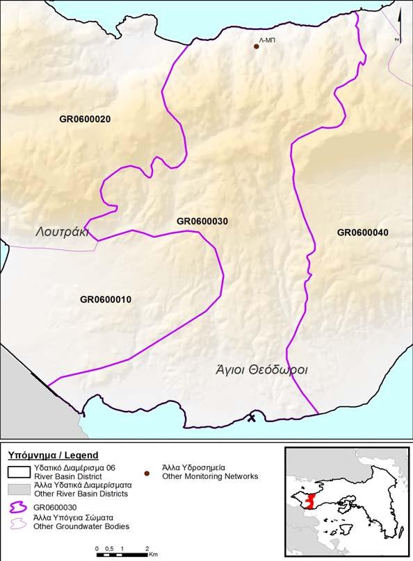 Σχ.8-9 : Χάρτης σηµείων παρακολούθησης ΥΥΣ GR0600030 Υπολογισµός µέσης τιµής συγκέντρωσης ανά θέση και σύγκριση µε ΑΑΤ: Τα στοιχεία της αναλύσεως παρουσιάζονται στον Πίνακα 8-3 και αξιολογήθηκαν ως