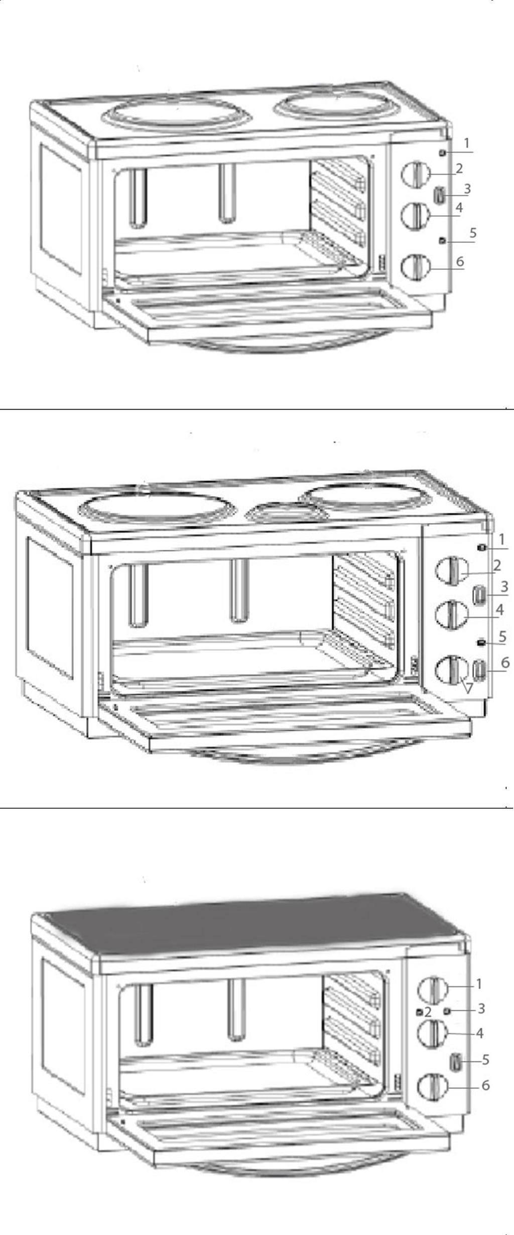 ΜΟΝΤΕΛΟ: 4003-4003SC 1. Ενδεικτική λυχνία (λειτουργίας εστιών) 2. Διακόπτης μεγάλης εστίας 3. Διακόπτης λειτουργίας φούρνου 4. Διακόπτης μεσαίας εστίας 6.