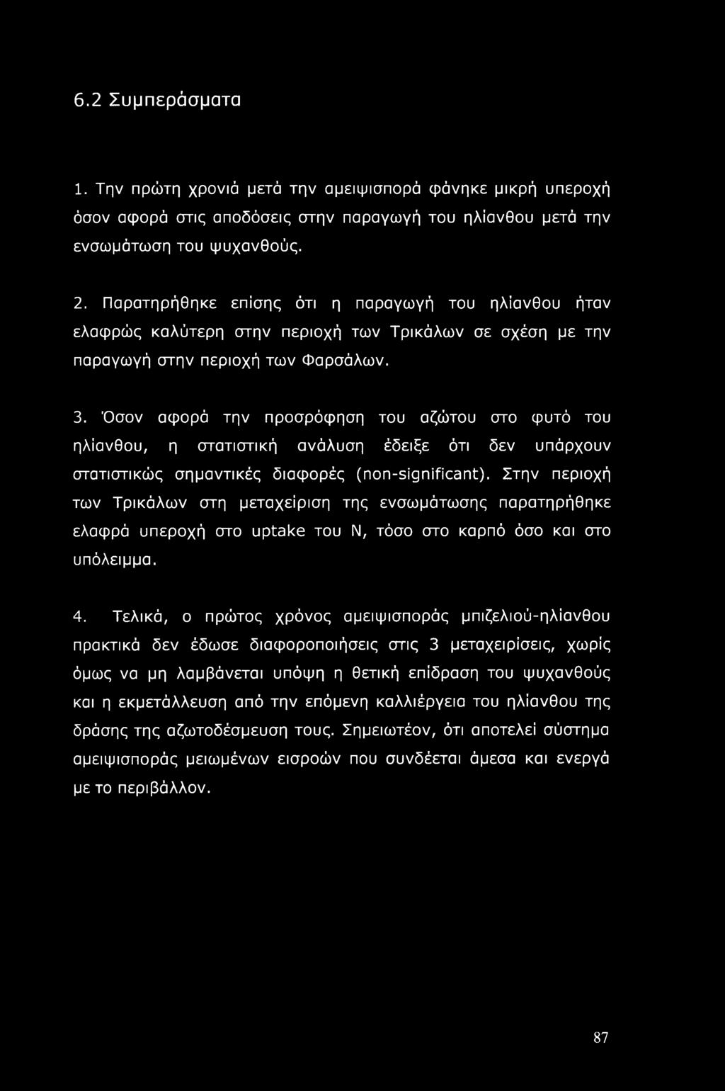 Όσον αφορά την προσρόφηση του αζώτου στο φυτό του ηλίανθου, η στατιστική ανάλυση έδειξε ότι δεν υπάρχουν στατιστικώς σημαντικές διαφορές (non-significant).