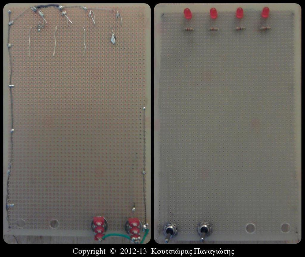 Στο επόμενο στάδιο γίνονται οι απαραίτητες κολλήσεις στα λαμπάκια και στις αντιστάσεις με τον αρνητικό πόλο (GND) του κυκλώματος και ξεκινάμε να τοποθετούμε κάποιους από τους διακόπτες.