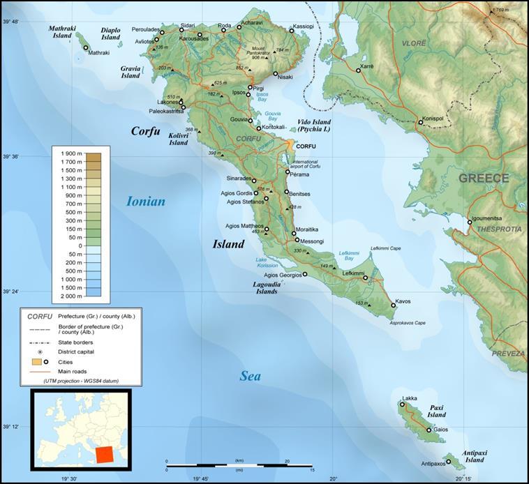 Η νήσος Κέρκυρα είναι το δεύτερο σε μέγεθος νησί των Επτανήσων μετά την Κεφαλληνία, με συνολική έκταση τα 592χλμ 2. Το μήκος του φτάνει τα 62χλμ., το μέγιστο πλάτος του στα βόρεια φτάνει τα 28χλμ.