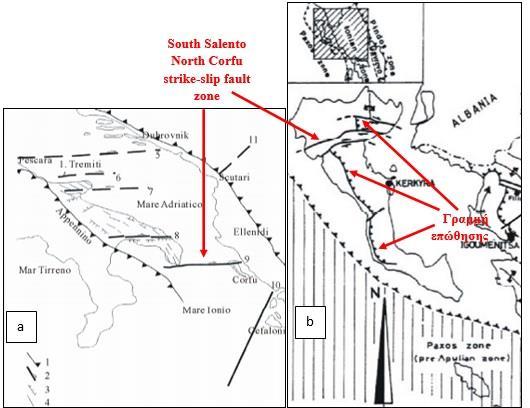 Σχήμα 2.12 (a) Τεκτονικός χάρτης της Απούλιας πλατφόρμας, στον οποίο φαίνονται τα κύρια ρήγματα (Pierri et al.