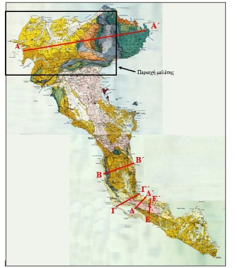 Σχήμα 2.14 Τροποποιημένος γεωλογικός χάρτης της Κέρκυρας (ΙΓΜΕ, 1962, φύλλο Βόρειος και Νότιος Κέρκυρα). 2.4.1 Μεταλπικοί σχηματισμοί Πιο συγκεκριμένα αναγνωρίστηκαν διαφορετικά περιβάλλοντα ιζηματογένεσης (αποθέσεις Βόρειας και Νότιας Κέρκυρας), με ίδια όμως ηλικία απόθεσης.