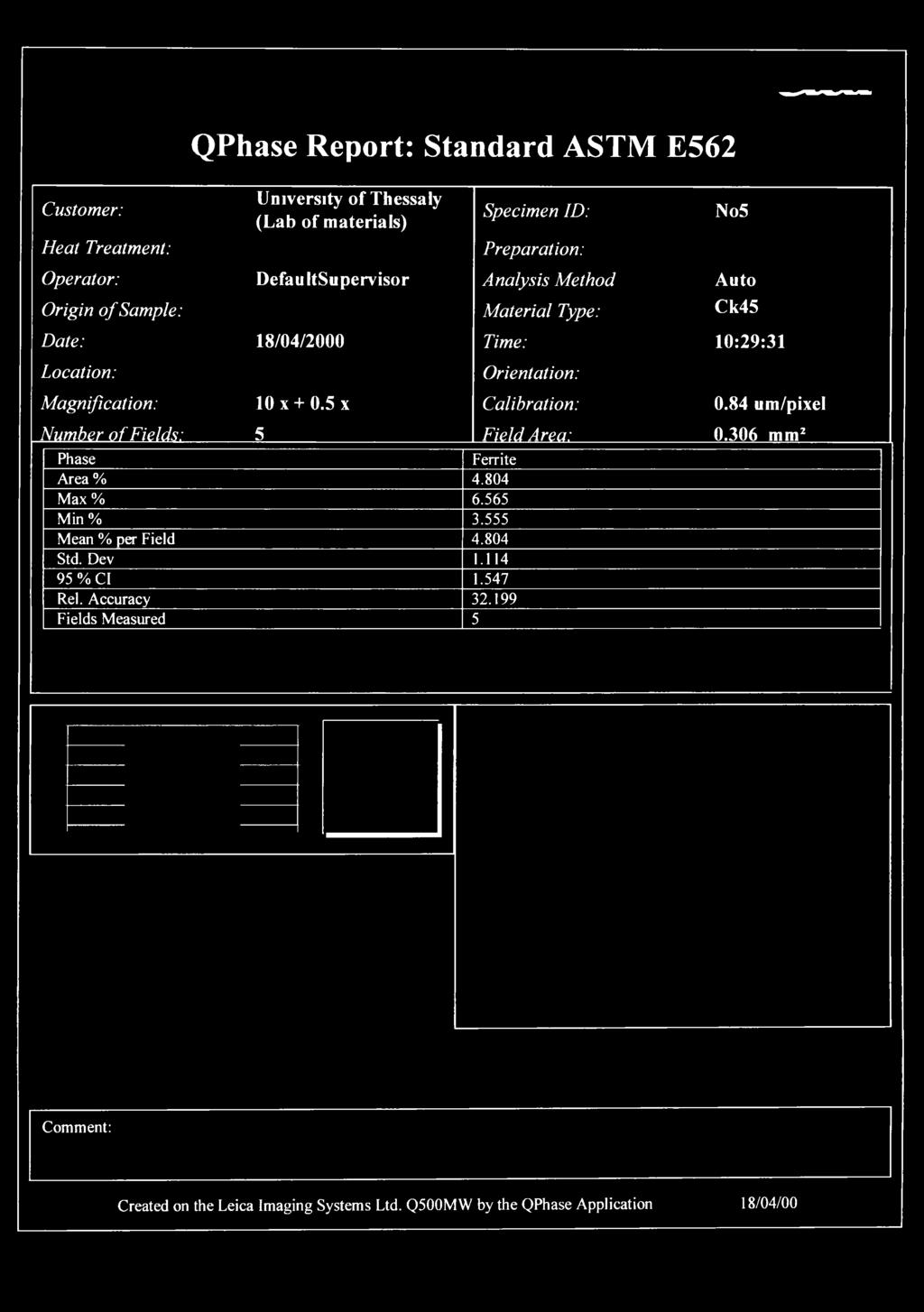 ^, Custmer: Heat Treatment: Operatr: Origin f Sample: QPhase Reprt: Standard ASTM E562 University f Thessaly J,.,. J (Lab f materials) DefaultSupervisr Date: 18/04/2000 Lcatin: Magnificatin: Number f Fields: 5 10 x + 0.