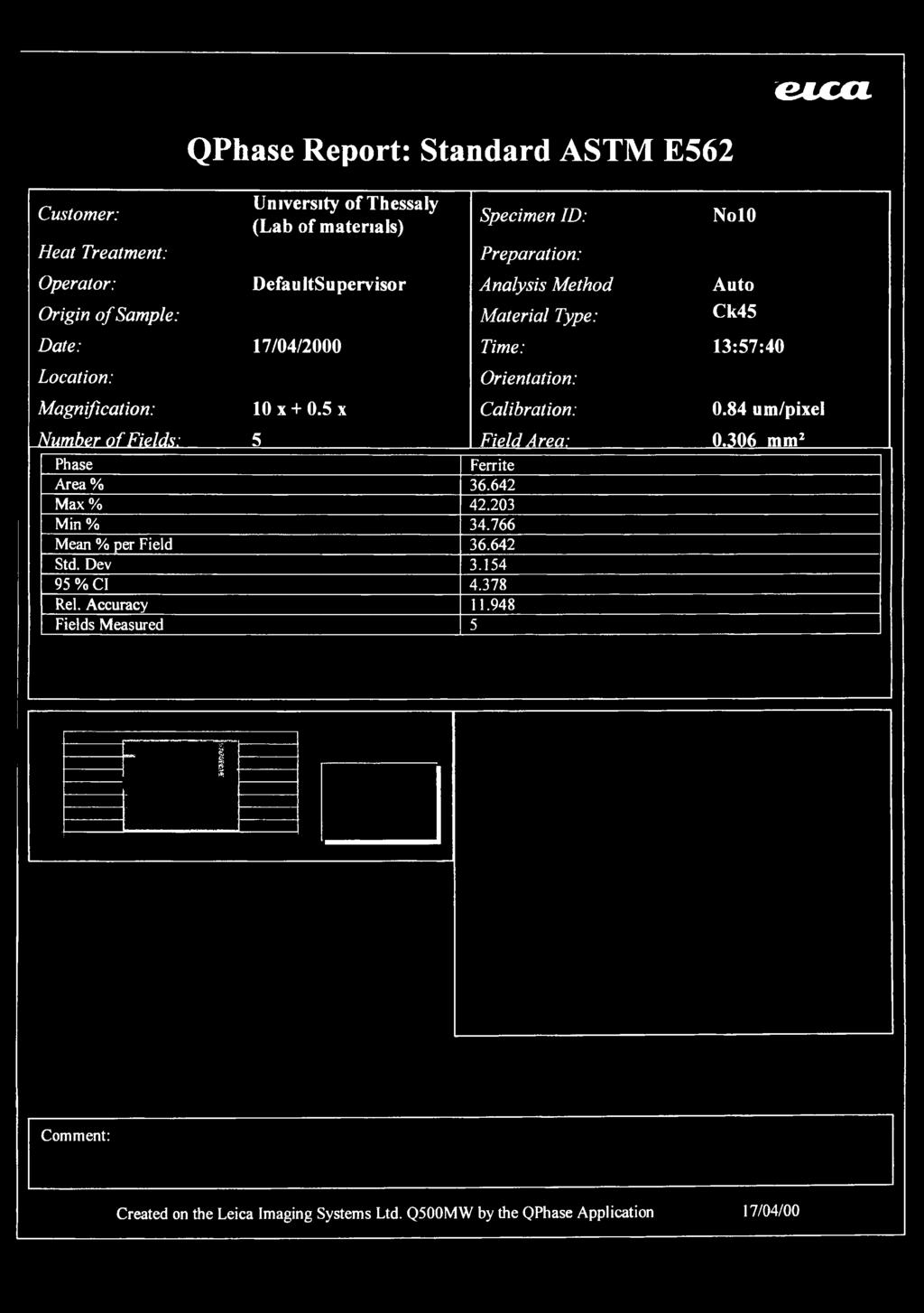 eii QPhase Reprt: Standard ASTM E562 ^, University f Thessaly Custmer: J J (Lab f materials) Heat Treatment: Operatr: Origin f Sample: DefaultSupervisr Date: 17/04/2000 Lcatin: Magnificatin: Number f