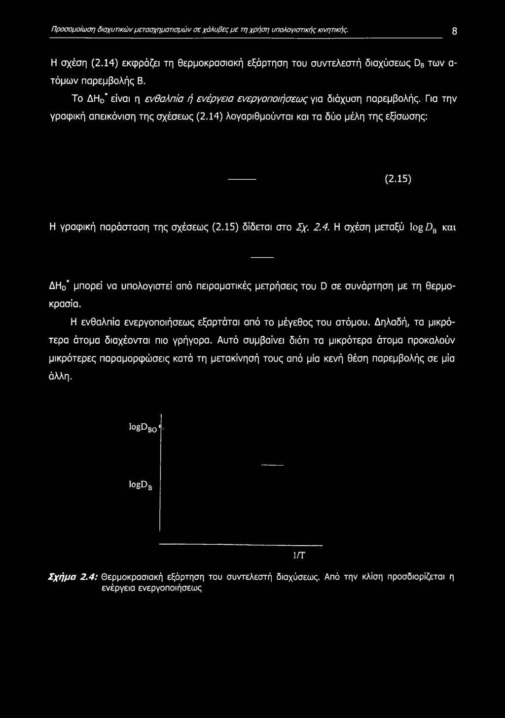 15) Η γραφική παράσταση της σχέσεως (2.15) δίδεται στο Σχ. 2Α. Η σχέση μεταξύ lg >B και ΔΗ0* μπορεί να υπολογιστεί από πειραματικές μετρήσεις του D σε συνάρτηση με τη θερμοκρασία.