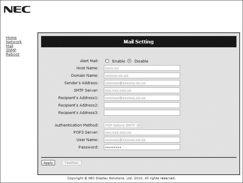 Ескерту пошта параметрі http://<the Monitor s IP address>/lanconfig.html Бұл параметр сымды LAN мүмкіндігін пайдаланғанда электрондық пошта арқылы компьютеріңізге қате туралы хабар жібереді.