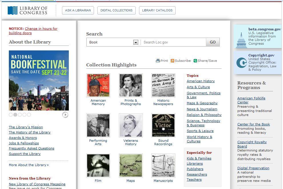 شكل رقم )33( يوضح الموقع اإللكتروني للمكتبة الكونجرس األمريكية 4113 مشروع مكتبة غوتنبرغ : Gutenberg هو مشروع تطوعي يهدف إلى تحويل وتخزين ونشر األعمال الثقافية بشكل رقمي.