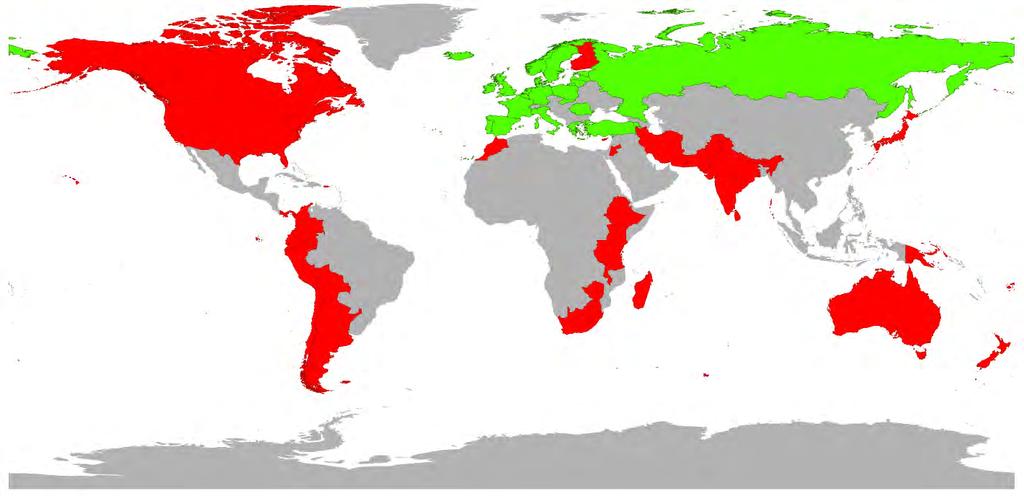 Εικόνα 4. Στον παραπάνω χάρτη απεικονίζεται με πράσινο ο αυτόχθονος και με κόκκινο ο εισαγόμενος πληθυσμός της Salmo trutta (Πηγή: GISD, 2012).