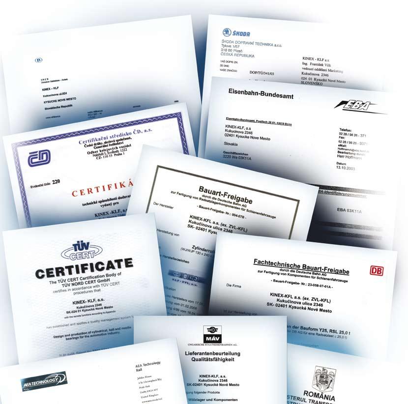 MANAŽÉRSTVO KVALITY Výrobné závody ložiskovej divízie KINEX sú certifikované podľa ISO 9001, ISO/TS 16 949 a ISO 14 001 pre oblasť vývoja a výroby valčekových a guľkových ložísk spoločnosťou TÜV NORD