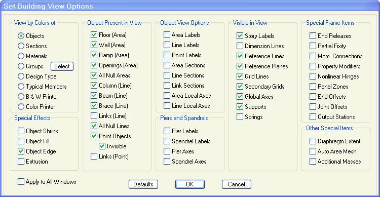 Để tắt các ký hiệu lực phân bố ta kích chuột vào nút. Hộp thoại Set Building View Options xuất hiện. Tiếp đó bấm nút để tắt hộp thoại Set Building View Options.