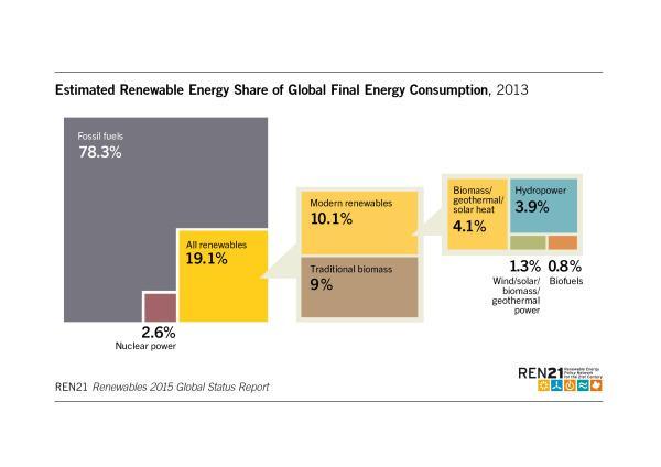 На основу годишњег извештаја ( Renewables 2015 Global Status Report) у 2013.години фосилна горива су чинила 78,3%, обновљиви извори енергије 19,1%, нуклеарна 2,6%. Слика 2.