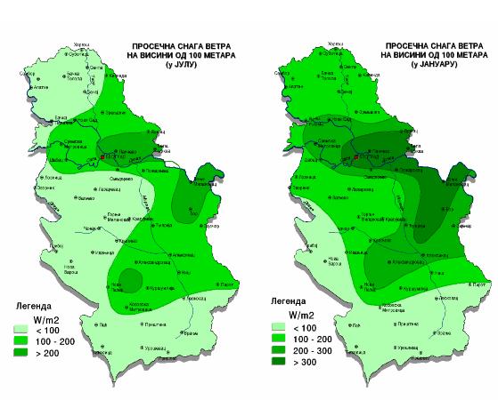 Слика 8. Просечна снага ветра на висини од 100м у јуну и јануару Извор: http://obnovljiviizvorienergije.