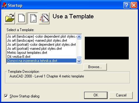 Osnovi na in`enerska tehnika I (in`enerska grafika) Ikonata Use a Template (sl.93) slu`i za zapo~nuvawe nov crte` preku izbor na eden od odnapred definiranite {ablon crte`i.