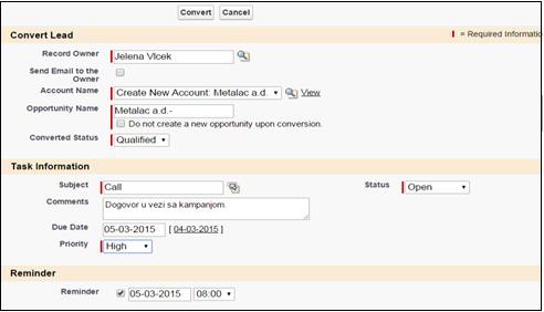 Слика 38 Конвертовање Lead-a у Contact (корак 2) Поред конвертовања Lead-a у Contacts омогућено је праћење пословних партнера и промена