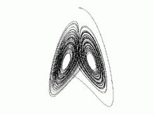 : Дводимензионални (по координатним равнима) приказ трајекторије Лоренцовог атрактора у фазном простору Решења Лоренцових једначина никада се не смирују у виду равнотежног стања или периодичног