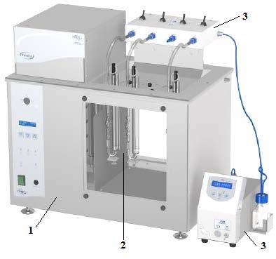 Анализа на битумен Сл. А33.2. Изглед на апаратура за одредување на вискозност со вакуум капиларни вискозиметри : 1 термостатирана бања; 2 - вакуум капиларни вискозиметри; 3 вакуум систем. Анализа 34.