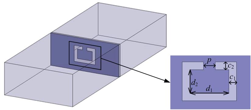 Слика 5.7. Уздужни пресек таласовода са напајањем моделован у програму WIPL-D. Да би се у таласоводу успоставио доминантни тип таласа, потребно је побудити таласовод.