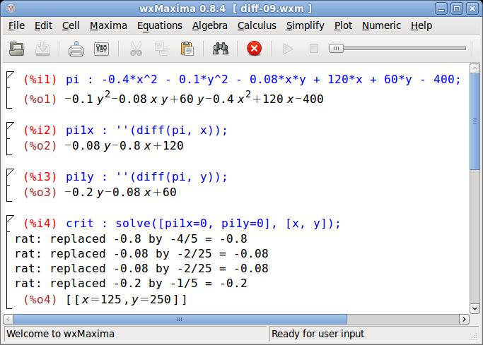 Βελτιστοποίηση συνάρτησης δύο μεταβλητών Το ακρότατο (αν υπάρχει) μπορεί να βρεθεί ως εξής: 1 pi : -0.4*x^2-0.1*y^2-0.