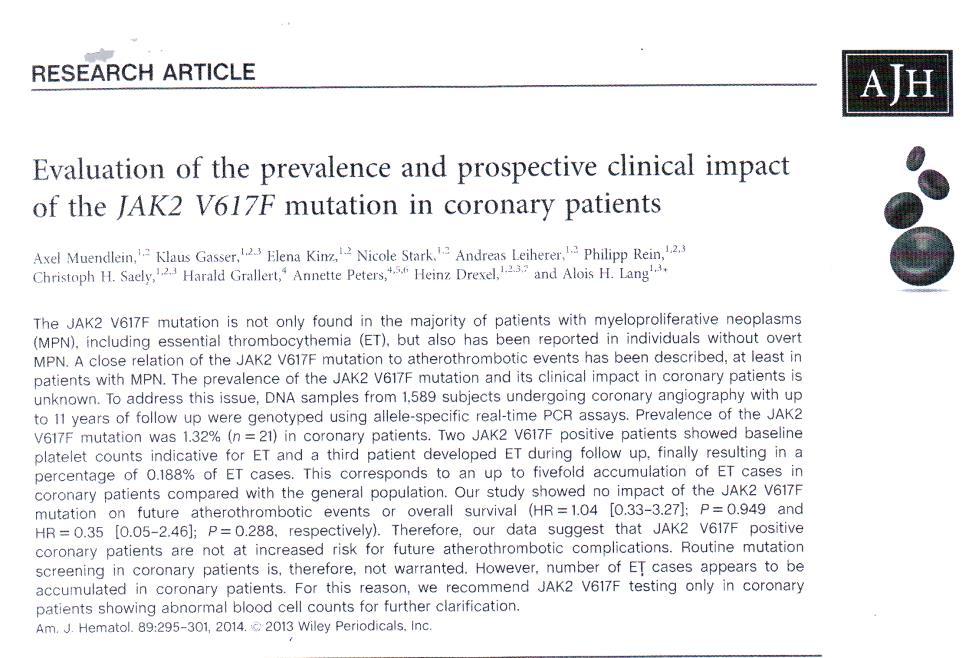 Συσχέτιση μετάλλαξης JAK2 V617F με αθηροθρομβωτικά επεισόδια Δείγμα DNA από ασθενείς που υποβλήθηκαν σε