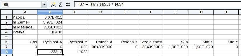 V ňom budeme musie ť vypočíta ť novú rýchlos ť a novú polohu z údajov, ktoré sú o riadok vyššie. Stačí nám vyplni ť teda bunky A8 až E8.