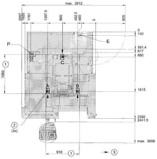 1 pagrindo matmenys 2 staklių atramos 3 varžtų padėtis 45 pav. Staklių montavimas ant betoninių grindų Staklių montavimo pavyzdys Visa montavimo schema pateikta žemiau esančiame paveiksle (46 pav.).