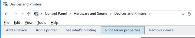 1/Windwos 8/Windows 7 Κάντε κλικ στο εικονίδιο του εκτυπωτή και, στη συνέχεια, επιλέξτε Ιδιότητες διακομιστή εκτυπώσεων από το μενού που θα εμφανιστεί.