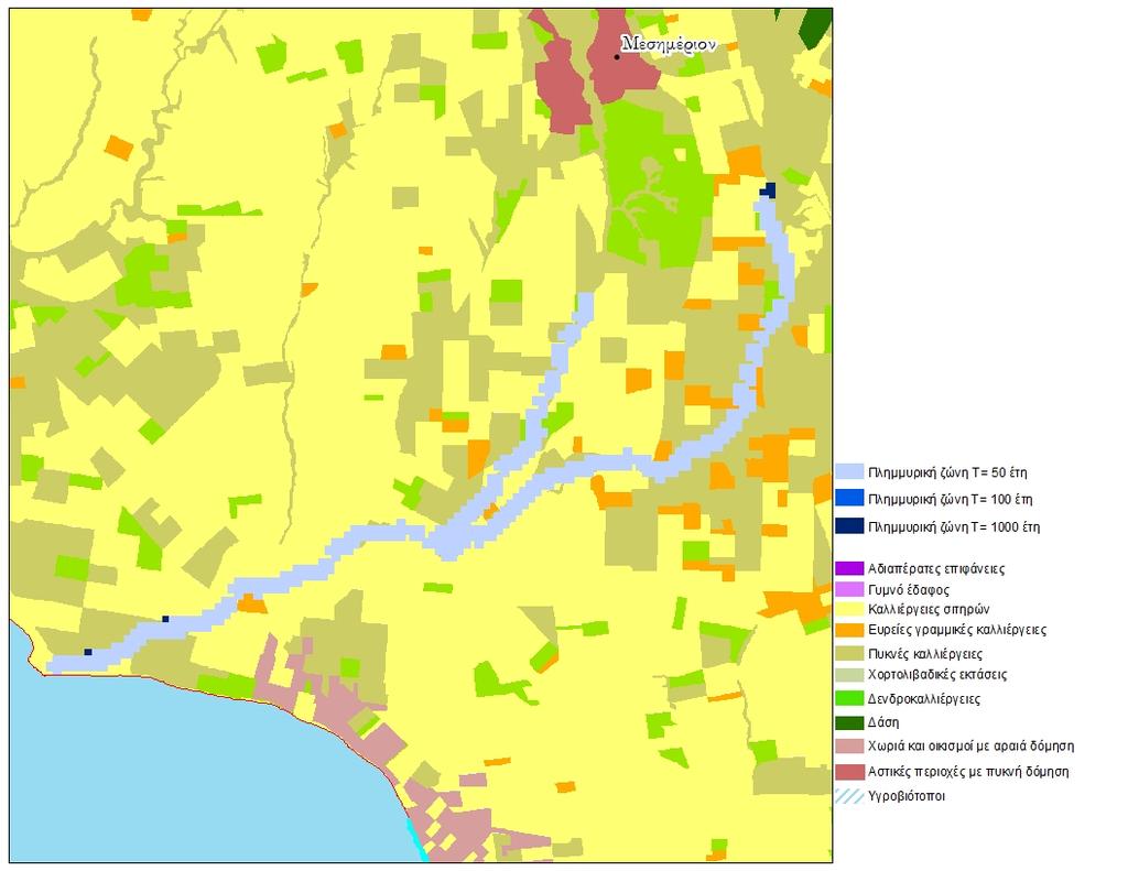 Με βάση τα αποτελέσματα της μοντελοποίησης, παρατηρείται εικόνα μικρής πλημμυρικής κατάκλυσης για τις 3 περιόδους επαναφοράς 50 (πλημμυρικός όγκος 0.145 hm 3 ), 100 (πλημμυρικός όγκος 0.