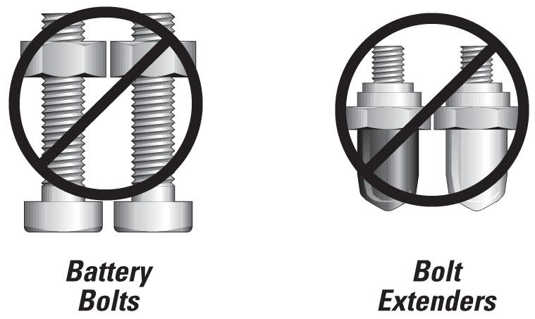 This will allow a strong current to pass from the charging post to the battery terminal. DO NOT USE Battery Bolt Extenders or Battery Bolts for testing or charging batteries.