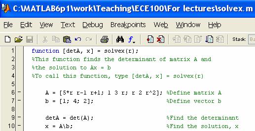 Ενότητα 6: Συναρτήσεις (functions) Παράδειγµα: >> [determinanta, z] = solvex(1) determinanta = 3 z = 1.6667 2.0000-3.