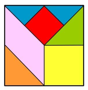 састављен од два основна једнакокрако-правоугла троугла (две шеснаестине, односно, једне осмине универзум квадрата), једног паралелограма ромбоида састављеног од два основна једнакокрако-правоугла