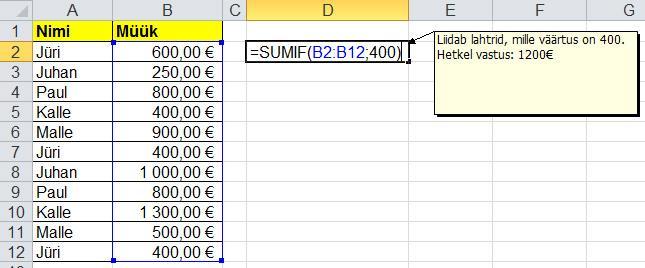 =PRODUCT(B1:B10) SUMIF() Järgmiseks tahan tutvustada summeerimise funktsiooni, kus arvud liidetakse siis kokku, kui need vastavad mõnele tingimusele. Jagaksin asjade selgitamise kaheks.