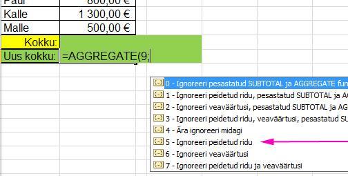 Viimasena märgista arvude massiiv, mida soovid kokku liita.