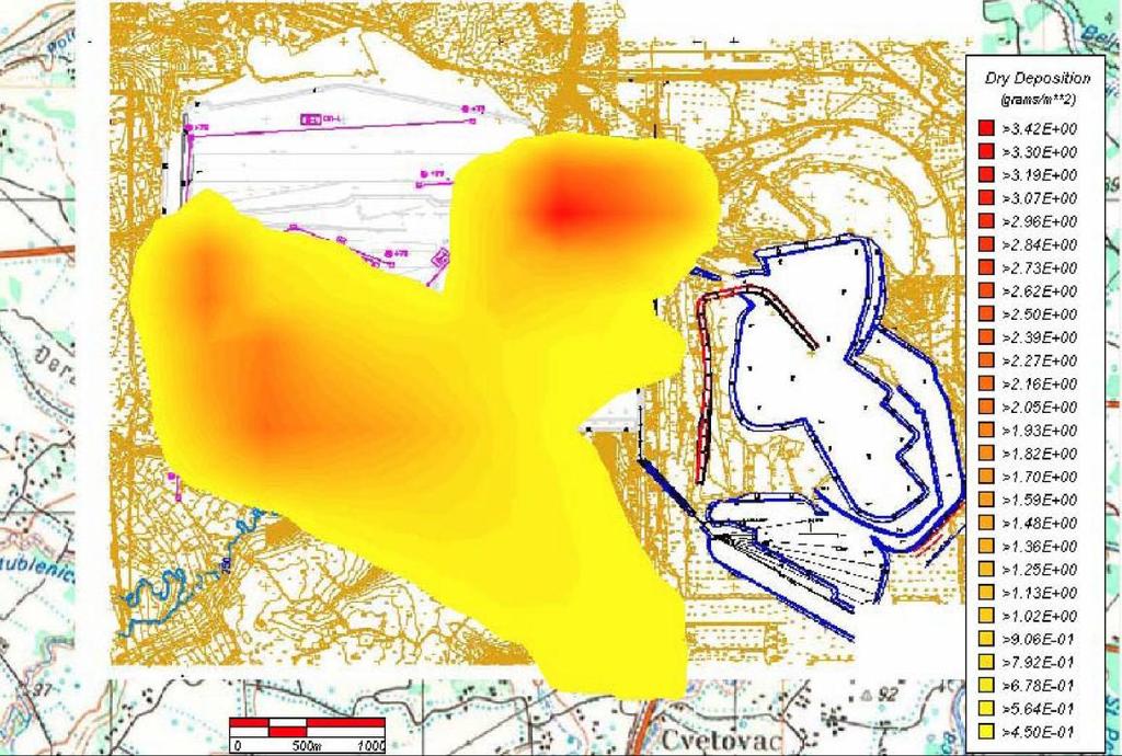 а) б) Слика 26 Расподела концентрација таложних честица (мг/м 2 дан) око површинског копа у условима дувања
