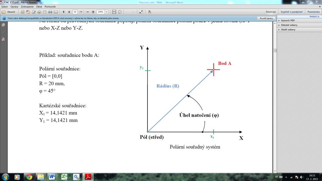 Uhol natočenia Ψ Pól (stred) Obrázok č. 34 Polárne súradnice Postup nadobúdania zručnosti: 1. Vypíšte súradnice ľubovoľného bodu pomocou polárnych a pravouhlých súradníc. 2.