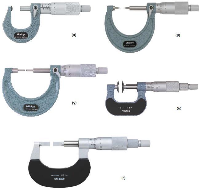 Σχήμα 23: (α) Μικρόμετρο με Σφαιρικό Αμόνι και Άτρακτο, (β) Μυτερό Μικρόμετρο, (γ) Μικρόμετρο Αυλακώσεων, (δ) Μικρόμετρο Τύπου Δίσκου, (ε) Μικρόμετρο Λεπίδας [Πηγή: Good Practice Guide No.