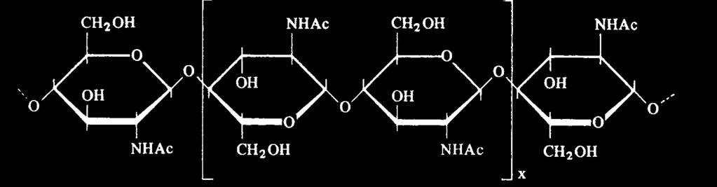 Hitin skeletna materija rakova i insekata hidrolizom - D-glukozamin (2-dezoksi-2-amino-D-glukoza) i sirćetna