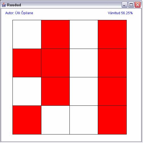46 Graafika Ülesanne 68 Ruudud (2004/2005) Kirjutada programm, mis joonistab ruudu ning jagab selle 16 võrdseks ruuduks. Iga väikese ruudu jaoks genereeritakse juhuslik arv nullist üheni.