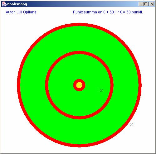 50 Graafika Ülesanne 74 Noolemäng (2005/2006) Kirjutada programm, mis joonistab noolemängu ringikujulise märklaua. Sooritatakse kolm viset, mida joonisel märgitakse ristikestega.