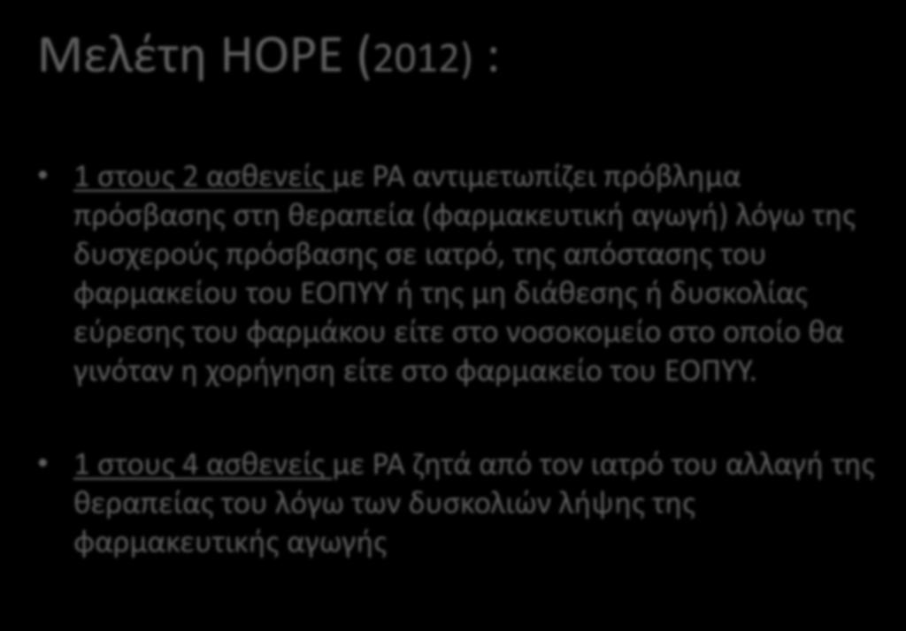 Μελζτθ ΗOPE (2012) : 1 ςτουσ 2 αςκενείσ με ΡΑ αντιμετωπίηει πρόβλθμα πρόςβαςθσ ςτθ κεραπεία (φαρμακευτικι αγωγι) λόγω τθσ δυςχεροφσ πρόςβαςθσ ςε ιατρό, τθσ απόςταςθσ του φαρμακείου του ΕΟΠΤΤ ι τθσ μθ