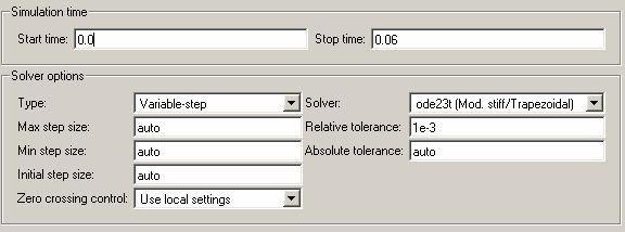 Opcija: Solver Simulation Time: U ovoj podopciji se određuje vrijeme pokretanja (Start time) i vrijeme zaustavljanja simulacije (Stop time).