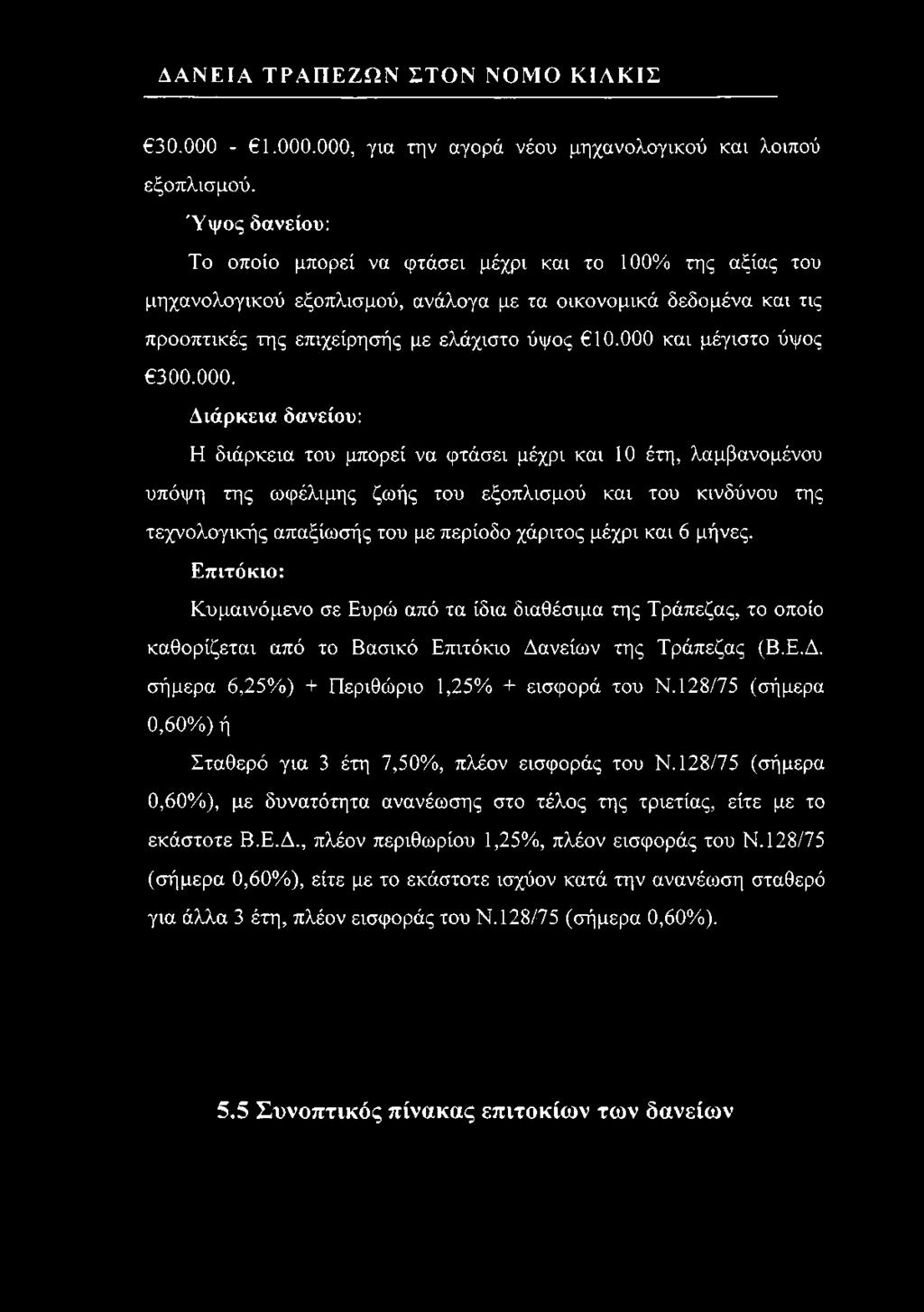 000 και μέγιστο ύψος 300.000. Διάρκεια δανείου: Η διάρκεια του μπορεί να φτάσει μέχρι και 10 έτη, λαμβανομένου υπόψη της ωφέλιμης ζωής του εξοπλισμού και του κινδύνου της τεχνολογικής απαξίωσής του