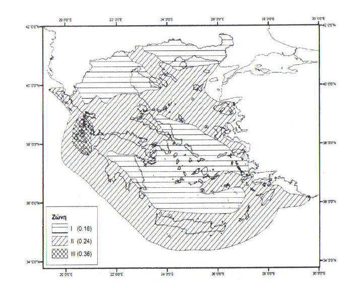 Σχήµα 3.20: Χάρτης Ζωνών Σεισµικής Επικινδυνότητας της Ελλάδος. Στο Πίνακα 3.16 δίνεται ο συντελεστής σπουδαιότητας των κτιρίων,ενώ στο Πίνακα 3.17 ο συντελεστής θεµελίωσης και στο Πίνακα 3.