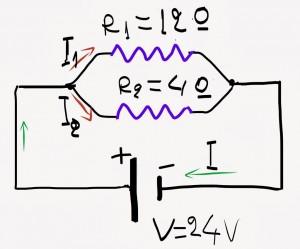 16. Οι αντιστάσεις R 1 =12Ω και R 2 =4Ω τροφοδοτούνται με τάση V=24V. Υπολογίστε την R ολ. Εφαρμόστε το νόμο του Ohm και βρέστε το ρεύμα I του συστήματος.