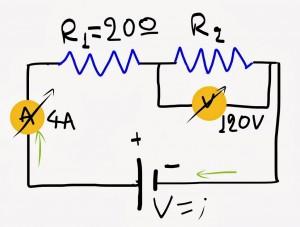 18. Στο παρακάτω κύκλωμα οι ενδείξεις των οργάνων που εικονίζονται είναι 120V και 4A. Δίνεται επίσης η αντίσταση R 1 =20Ω. Υπολογίστε την R 2 και την τάση της πηγή V. Άσκηση 18 19.